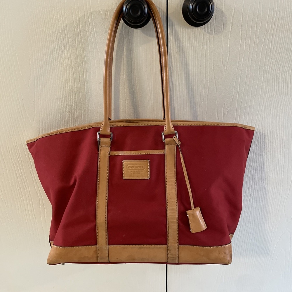Vintage 90s COACH Weekender Classic Red Canvas Tan Leather‎ Satchel Tote Bag